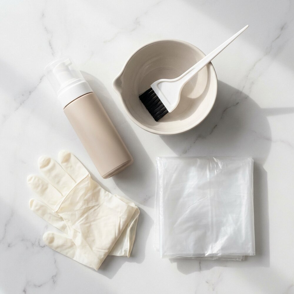 DIY 自染需要的產品：泡泡染、手套、披肩、梳子